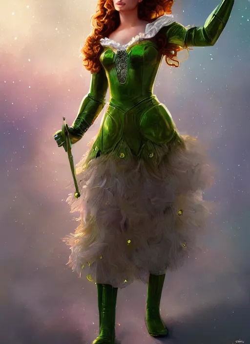 Image similar to beautiful female dorothy gale, rebecca romijn as dorothy, full body character concept, covered in full silver armor, armor plating, art nouveau, beautiful glowing emeralds, super powers, fantasy, intricate, elegant, highly detailed, digital painting, artstation, concept art, shining, sharp focus, illustration, art by stanley lau