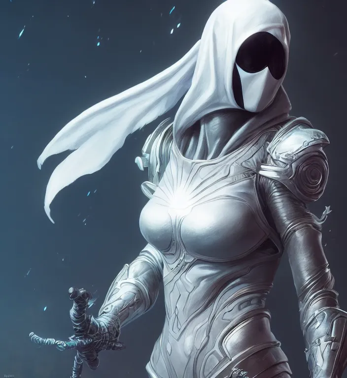 Image similar to female moon knight, hyper detailed, digital art, trending in artstation, cinematic lighting, studio quality, smooth render, unreal engine 5 rendered, octane rendered, art style by klimt and nixeu and ian sprigger and wlop and krenz cushart