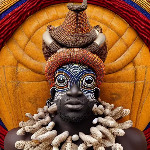 Image similar to elegba eshu the yoruba god with cowrie shells for eyes writing a poem, insanely detailed and intricate, golden ratio, hypermaximalist, elegant, ornate, luxury, elite, James jean, Brian froud, ross tran, realistic 3D, hyper realistic, super detailed, realistic octane render, 8K, fashion photogra