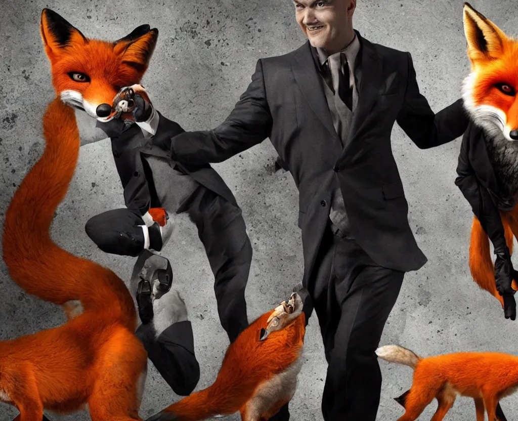 Image similar to a photo of happy agent 4 7 with a fox, studio photo, stunning scenery, award winning photo