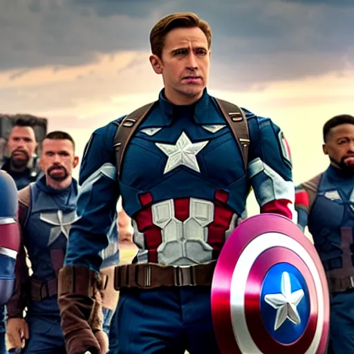 Prompt: movie still of captain america in avengers infinity war saving joe biden