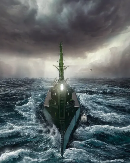 Image similar to a fishing boat on stormy seas, a gigantic star destroyer spaceship with glowing green lights flying overhead, ready to fire, the gigantic star destroyer spaceship is emerging from storm clouds, sunset lighting, stormy weather, dramatic lighting, unreal engine, hyper realism, realistic shading, cinematic composition, realistic render, octane render, detailed textures, photorealistic, ultrawide shot, 1 6 mm lens