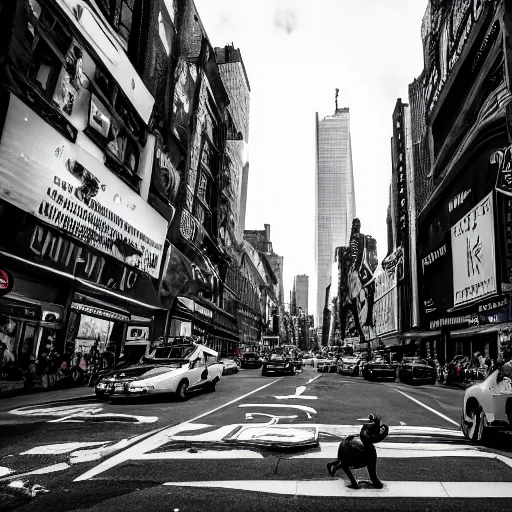 Image similar to black and white street photograph on a street in new york city on a busy day with a shattered ceramic garden gnome. 8k resolution.