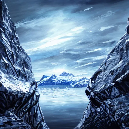 Image similar to epic masterpiece of confrontation between man and diamond mountain spirit Antarctica, gift of birth, origin mythos, astounding beauty, cinematic, establishing shot, extremely high detail, photorealistic, cinematic lighting, intricate line drawings, 8k resolution