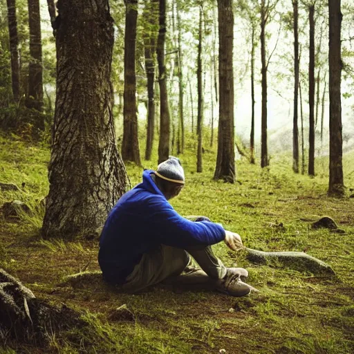 Prompt: man sitting solemnly at forest edge