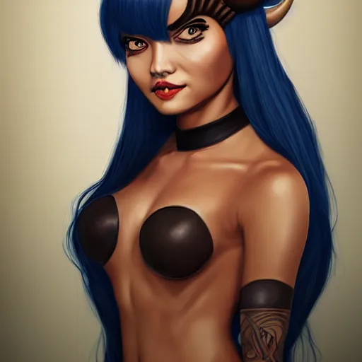 Image similar to illustrated realistic portrait of ram-horned devil woman with blue bob hairstyle and her tan colored skin and with solid black eyes wearing leather by rossdraws