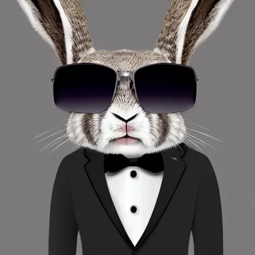 Prompt: a rabbit on skis wearing a suit and sunglasses