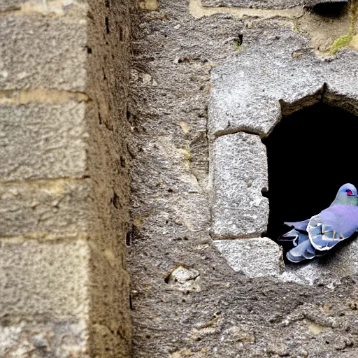 Prompt: a pigeon stuck in an embrasure inside a medieval wall