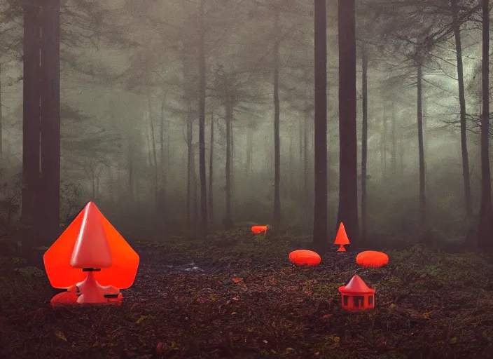 Prompt: a few orange safety cones in a beautiful strange forest, a black hair beast stands in the center distance, cinematic painting by james jean, atomspheric lighting, moody lighting, dappled light, detailed, digital art, limited color palette, wes anderson, 2 4 mm lens, surreal