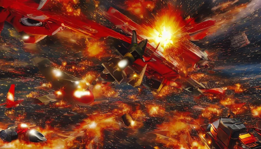 Image similar to santa claus sleigh being shot down by a surface to air missile, fiery explosion, artwork by katsuhiro otomo, yoshitaka amano, and artgerm. 3 d shadowing effect, 8 k resolution.