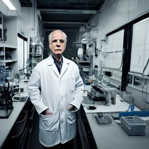 Image similar to portrait of a man standing in his lab, the face of the man is old an trustworthy, there's a calm satisfaction to his look