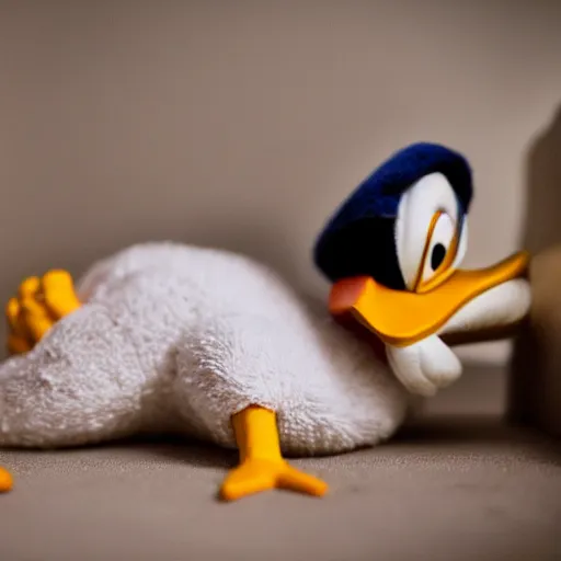 Image similar to realistic photograph of donald duck struggling to fall asleep, grumpy 2 4 mm f 1. 6
