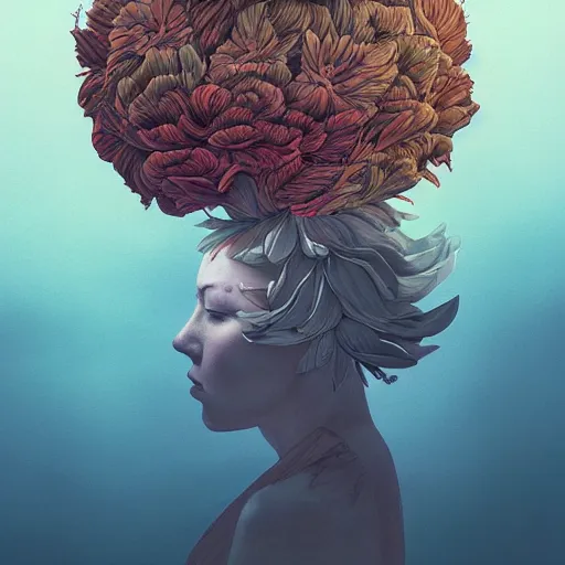 Image similar to giant flower head on woman, surreal photography, dramatic light, painting by victo ngai, james jean, rossdraws, frank franzzeta, mcbess