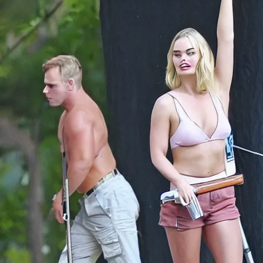 Image similar to sweaty sultry Margot Robbie with guns