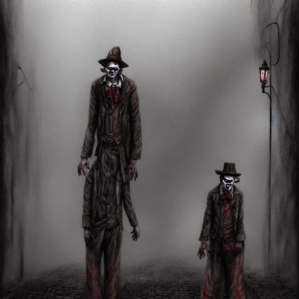 Image similar to James Sunderland from Silent Hill 2 dressed as a clown standing in a foggy street, intricate, elegant, sharp focus, illustration, highly detailed, digital painting, concept art, matte, art by Masahiro Ito