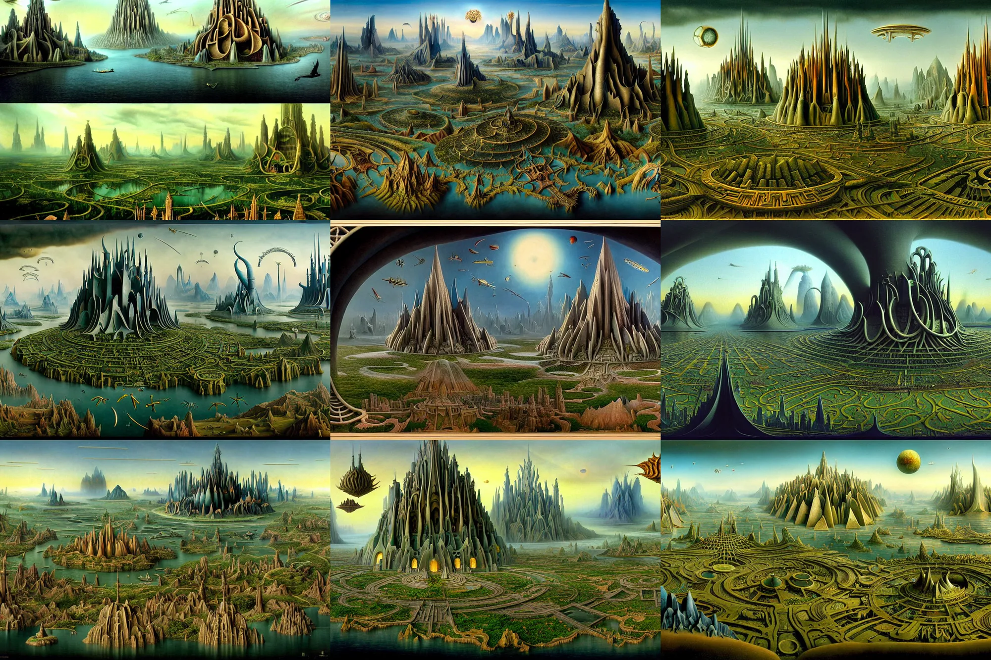 Image similar to a beautiful and insanely detailed matte painting of an advanced sprawling civilization with surreal architecture designed by Heironymous Bosch and Jim Burns, mega structures inspired by Heironymous Bosch's Garden of Earthly Delights, a beautiful and insanely detailed matte painting of an advanced sprawling civilization with surreal architecture designed by Heironymous Bosch and Jim Burns, mega structures inspired by Heironymous Bosch's Garden of Earthly Delights, a beautiful and insanely detailed matte painting of an advanced sprawling civilization with surreal architecture designed by Heironymous Bosch and Jim Burns, mega structures inspired by Heironymous Bosch's Garden of Earthly Delights, vast horizons by Jim Burns and Tyler Edlin, vast horizons by Jim Burns and Tyler Edlin, masterpiece!!, grand!, imaginative!!!, whimsical!!, epic scale, intricate details, sense of awe, elite, complex layered composition!!