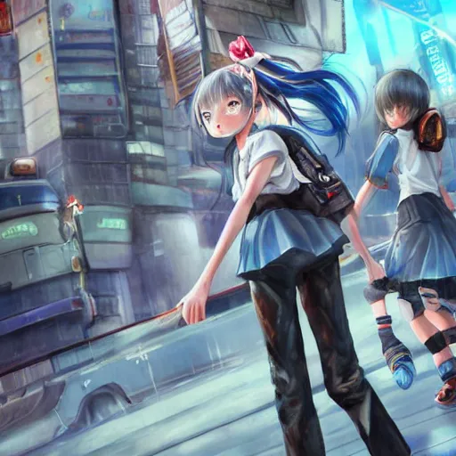 Image similar to dynamic composition, motion, ultra-detailed, incredibly detailed, a lot of details, amazing fine details and brush strokes, colorful and grayish palette, smooth, HD semirealistic anime CG concept art digital painting, watercolor oil painting of Clean and detailed post-cyberpunk sci-fi close-up schoolgirl in asian city in style of cytus and deemo, blue flame, relaxing, calm and mysterious vibes,, by a Chinese artist at ArtStation, by Huang Guangjian, Fenghua Zhong, Ruan Jia, Xin Jin and Wei Chang. Realistic artwork of a Chinese videogame, gradients, gentle an harmonic grayish colors. set in half-life 2, Matrix, GITS, Blade Runner, Neotokyo Source, Syndicate(2012), dynamic composition, beautiful with eerie vibes, very inspirational, very stylish, with gradients, surrealistic, dystopia, postapocalyptic vibes, depth of field, mist, rich cinematic atmosphere, perfect digital art, mystical journey in strange world