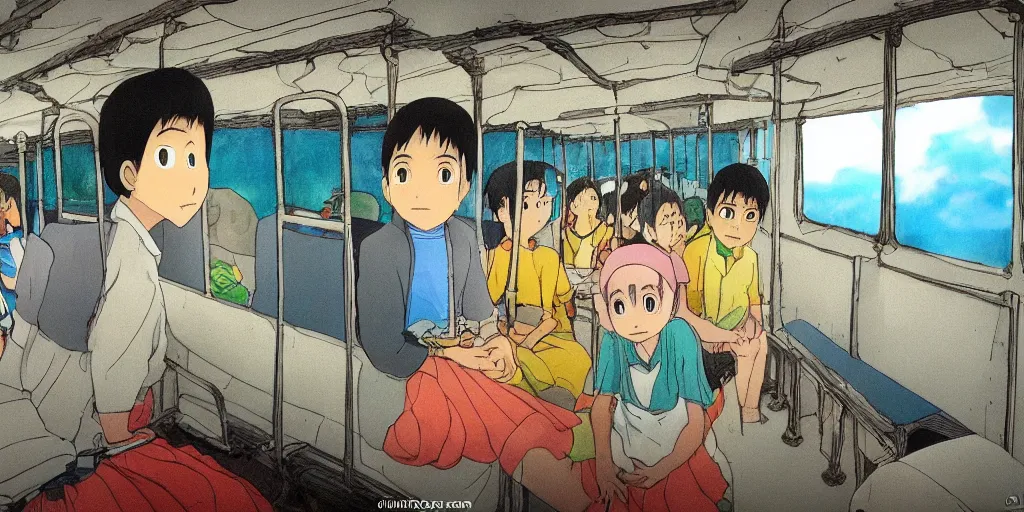 Image similar to inside sri lankan bus, drawn by hayao miyazaki, rule of thirds composition