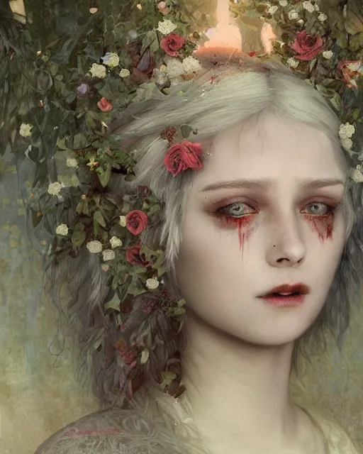 Prompt: a beautiful but creepy young woman in layers of fear, with haunted eyes, violence in her eyes, crazy white hair, wearing a punk outfit, 1 9 7 0 s, seventies, delicate embellishments, a little blood, woodland, moonlight shining on wildflowers, painterly, offset printing technique, by alexandre cabanel