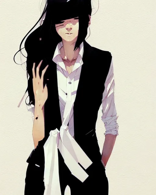 Image similar to a ultradetailed full body portrait of a woman dressed in a white shirt with a tie, by conrad roset, greg rutkowski and makoto shinkai trending on artstation