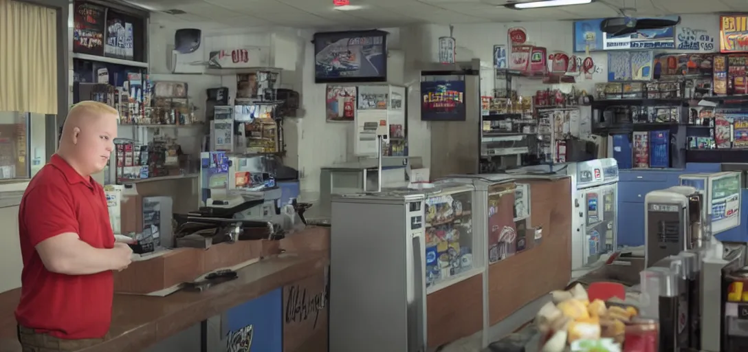 Image similar to bobby hill from king of the hill working behind the counter of a gas station, 8 k, hd, movie still