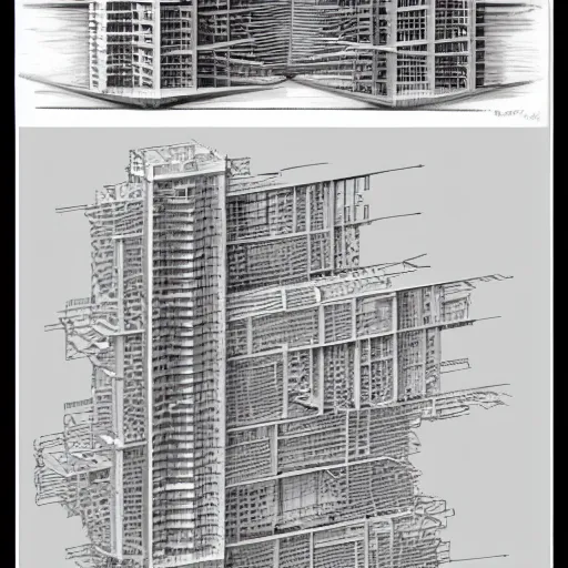 Image similar to high tech building cluster concept drawings with exposed sections by paul rudolph, grid, trending on artstation, rectilinear, isometric, isometric view, digital art, matte painting by moebius and alphonse mucha _ w 1 0 2 4