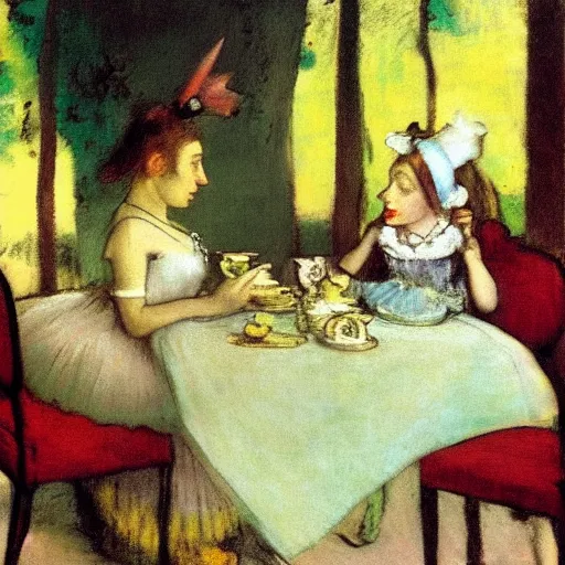 Image similar to “Alice at a tea party by Edgar Degas, Alice in Wonderland, realism”