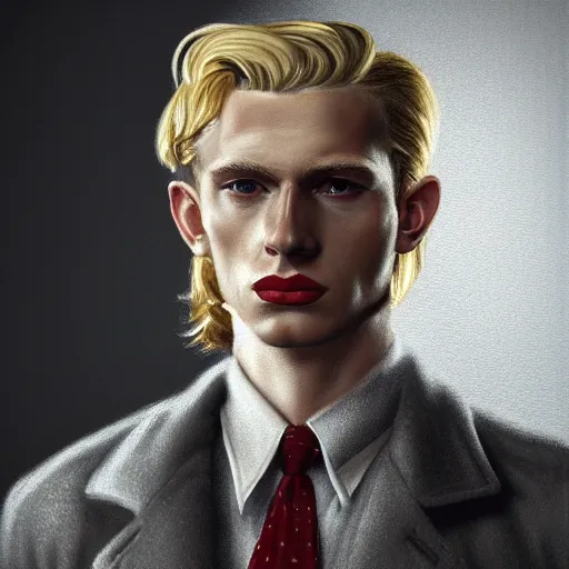 Prompt: A Hearts of Iron IV portrait of a blond young English male actor with high cheekbones. Good bone structure. Dressed in 1940s style. Highly detailed, fine Art, high detail, great lighting, 8k resolution, masterpiece, concept art, illustration, clear eyes, painting oil on canvas, octane render, HDR, trending on artstation, 4k, 8k, HD