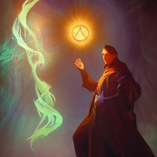 Image similar to a warlock is casting a magic spell, with magic orb floating in his hand , dynamic pose, natural lighting, medium level shot, Mucha style , Grim fantasy, illustration ,concept art,