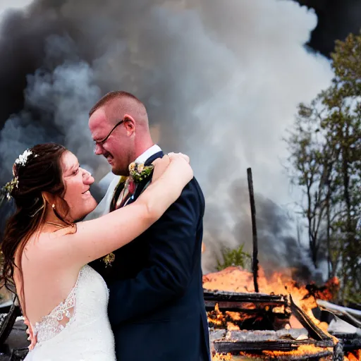Prompt: a bride and groom embrace in the middle of a house fire, wedding photo