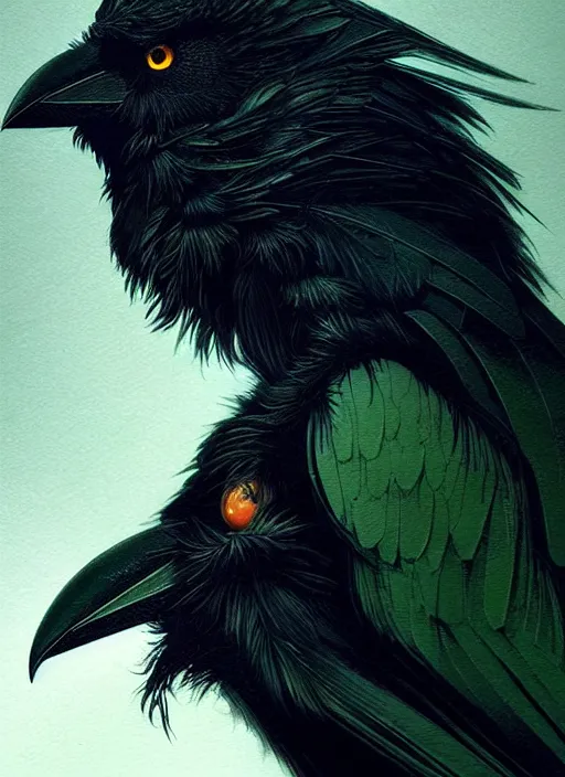 Image similar to side portrait dark crow (animal), close-up, fantasy forest landscape, moonshine, fantasy magic, nice black feather, proud, green dark light night, intricate, elegant, sharp focus, illustration, highly detailed, digital painting, concept art, matte, art by WLOP and Artgerm and Greg Rutkowski and Eddie Mendoza, masterpiece