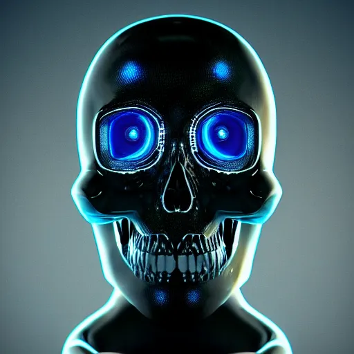 Prompt: a cyborg skull with holographic eyes. 3D octane render.