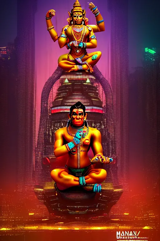 Prompt: high quality 3 d render colorful cyborg! hanuman sitting, gold madhubani, highly detailed, cyberpunk!! mumbai in the background, vray cinematic smooth, blade runner, moody light, low angle, uhd 8 k, sharp focus