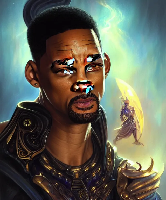 Image similar to Will Smith as a fantasy magic man portrait, sci-fi, amber eyes, face, fantasy, intricate, elegant, highly detailed, digital painting, artstation, concept art, smooth, sharp focus, illustration, art by artgerm and greg rutkowski and alphonse mucha