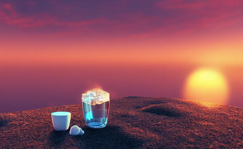 Image similar to a cubic cup of coca-cola with small gas bubbles on a rock near the sea at sunset, anime style, 8k hdr, hyperrealistic, highly detailed, high quality, high coherence, godrays, complementary colours, turbulent sea, path tracing, breathtaking landscape, cinematic lighting, concept art, trending on Artstation