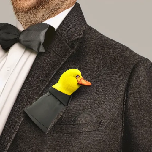 Prompt: a high detail photo of a man with a duck's head wearing a suit, photorealism