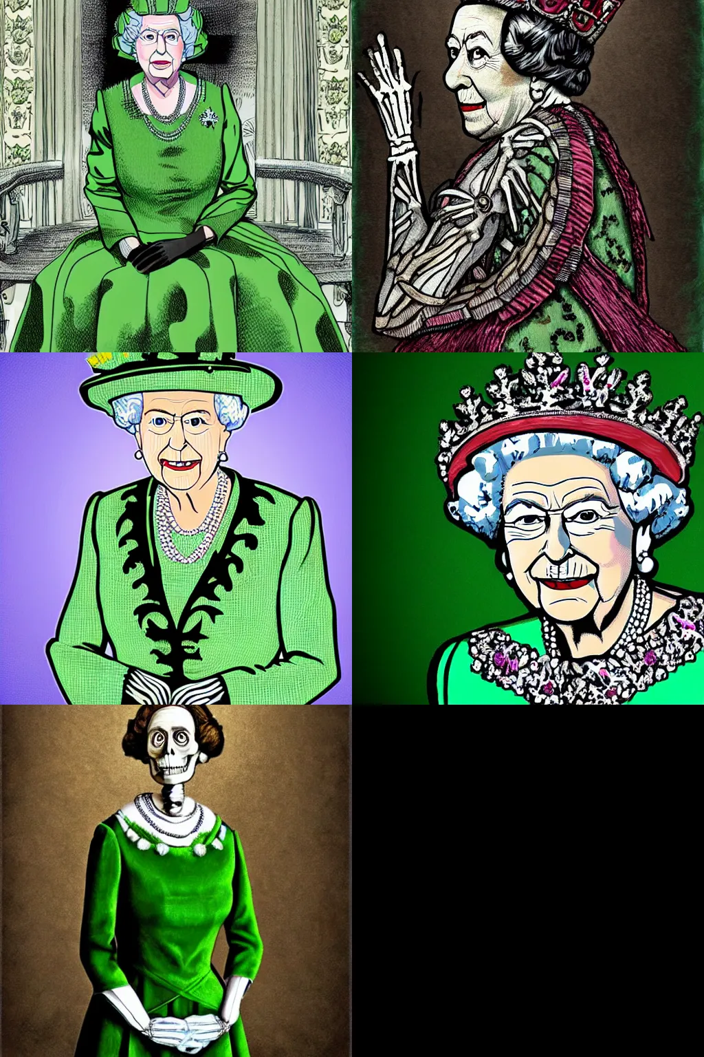 Prompt: queen elizabeth of england as a skeleton, wearing her green dress, digital art, detailed, comical, colored, queen elizabeth, squeleon, focused