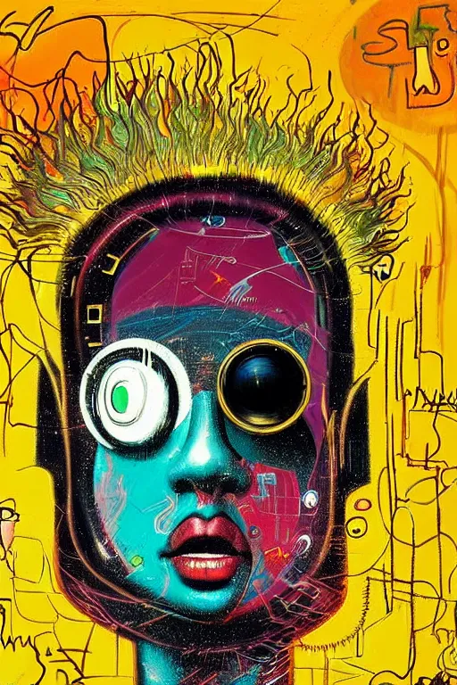 Image similar to 8 0 s art deco close up portait of mushroom head with big mouth surrounded by spheres, rain like a dream oil painting curvalinear clothing cinematic dramatic cyberpunk fluid lines otherworldly vaporwave interesting details epic composition by basquiat artgerm