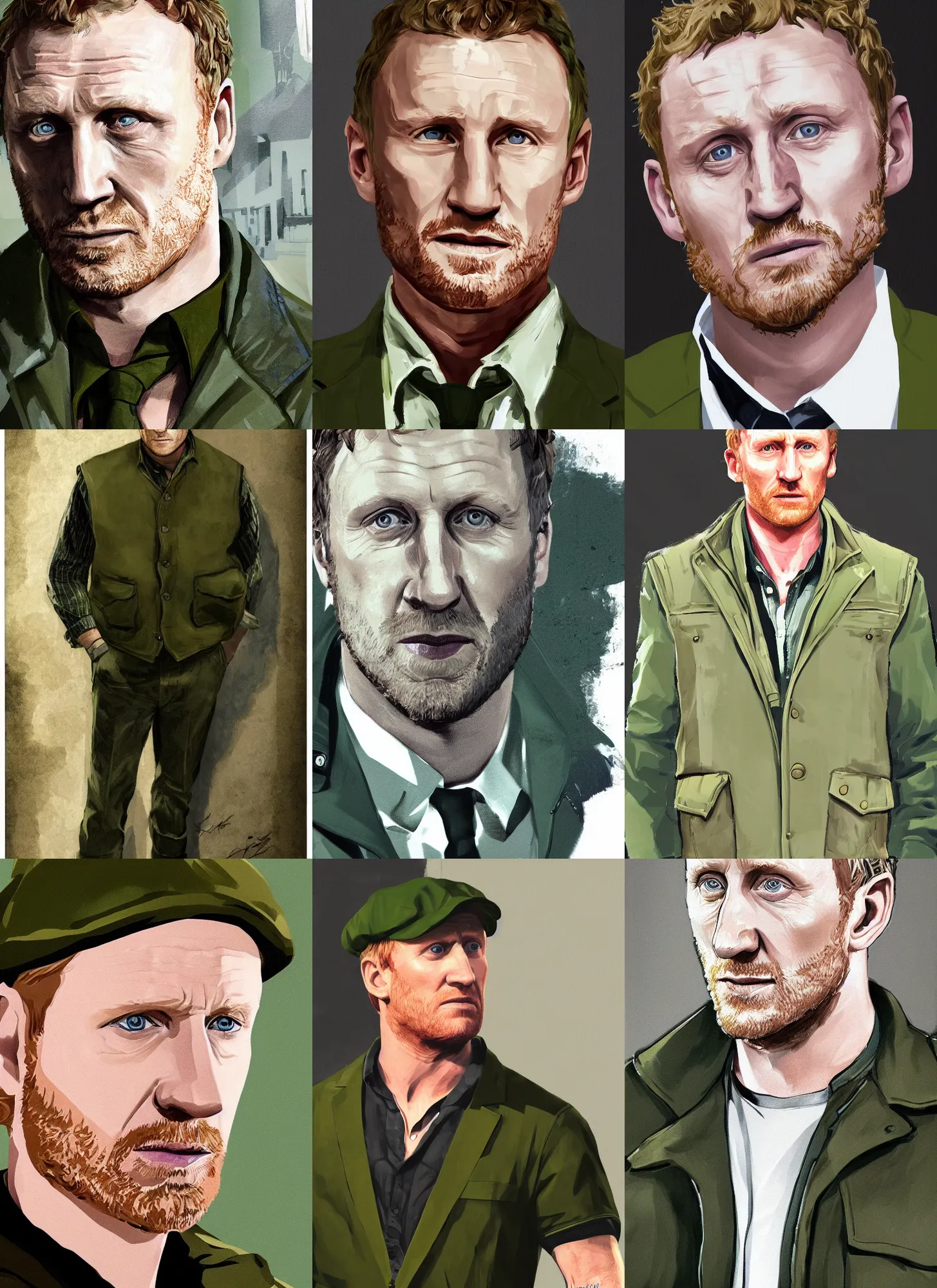 Prompt: portrait close - up kevin mckidd ciaran murphy, olive green flat cap and gilet suit, dark, gta v art!!