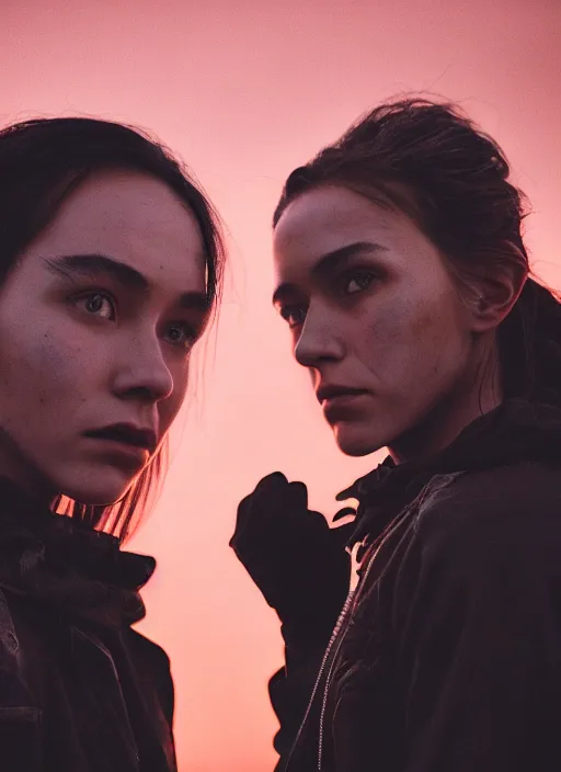 Prompt: cinestill 5 0 d photographic portrait of two loving female androids wearing rugged black techwear on a desolate plain with a red sky, extreme closeup, cyberpunk style, dust storm, 8 k, hd, high resolution, 3 5 mm, f / 3 2, ultra realistic faces, ex machina