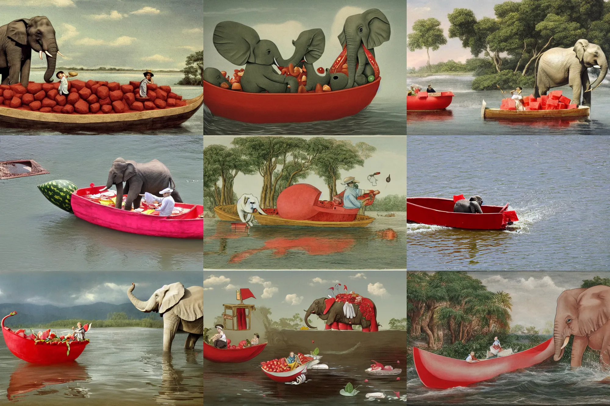 Prompt: a small elephant sits in a boat made of watermelon and floats on a river of white white white white white milk, white water