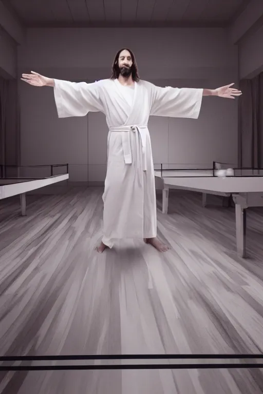 Image similar to jesus christ wearing a white robe strikes a dance pose in a hospital while playing epic game of ping pong, intricate, hyper detailed, accent lighting, dramatic light, 4 k octane render