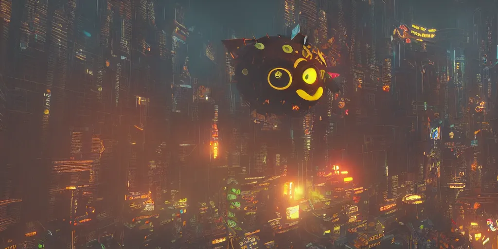 Prompt: badass majora's mask in cyberpunk metropolis + cyberpunk + 8 k, 4 k, octane render, artstation, hyperdetailed, volumetric lighting