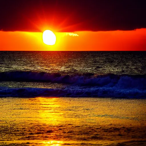 Image similar to sunset on the ocean, water is glowing golden, gold colored glowing water, sun surrounded by blackness, sky completely dark, night sky with stars visible with the sun still on the horizon