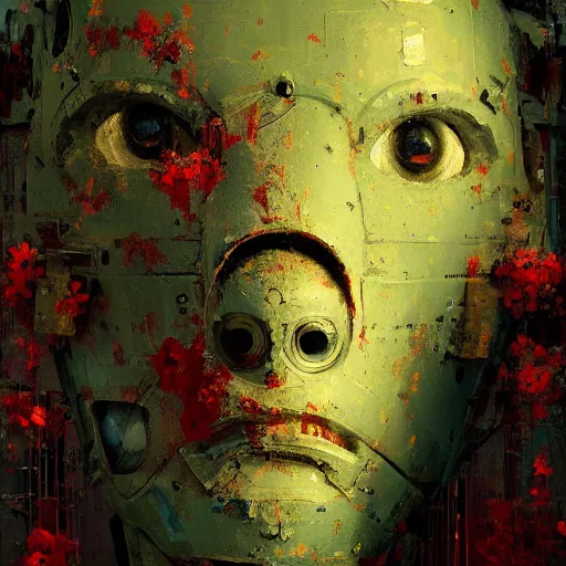 Image similar to a painting by jeremy mann of a robot head with flowers growing out, highly detailed, color bleeding, pixel sorting, plain black background, studio lighting