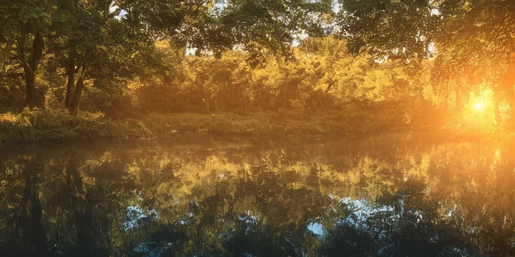 Prompt: a river in a forest, golden hour, ray tracing reflection, 8k, hyper realistic, elegant, highly detailed, ornate, beautifully lit, ray traced, octane render