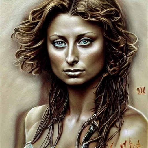 Image similar to pencil art, detailed portrait of aly michalka, intricate, hyper detailed, realistic, oil painting, by julie bell, frank frazetta, cinematic lighting