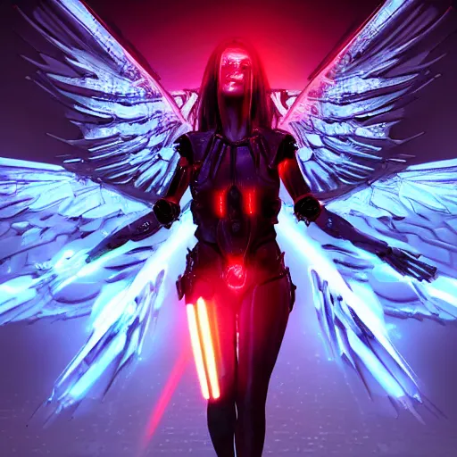 Prompt: cyberpunk female angel of death with glowing beams of red light, walking through thick some, lens flares, anatomical, symmetrical, insanely detailed, normal human eyes extremely detailed, full body image with detailed hands and legs, mystical, fantasy, ultra detailed