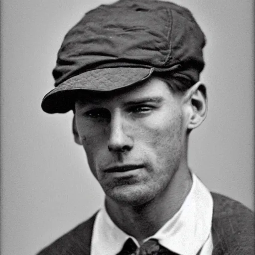 Image similar to A photograph portrait of Jerma985 wearing a newsboy cap in the early 1900s, taken in the early 1900s, grainy, taken on a early 1900s Kodak Camera, realistic, hyperrealistic, very realistic, highly detailed, very detailed, extremely detailed, detailed, digital art, trending on artstation