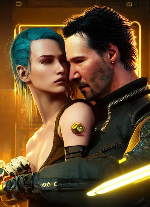 Prompt: a cyberpunk 2077 couple portrait of a Keanu Reeves as johnny silverhand and a female android in final kiss,love,fantasy, intricate, elegant,film lighting,artstation,deviantart,FAN ART,full of color,Digital painting,face enhance,highly detailed,8K,octane,golden ratio,cinematic lighting